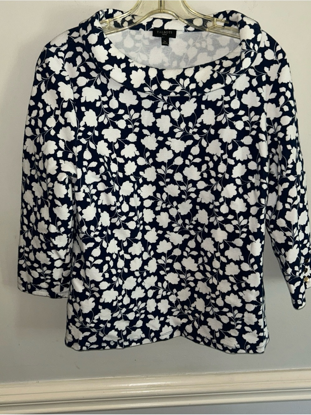 Talbots Navy and White Floral Scoop Neck Top